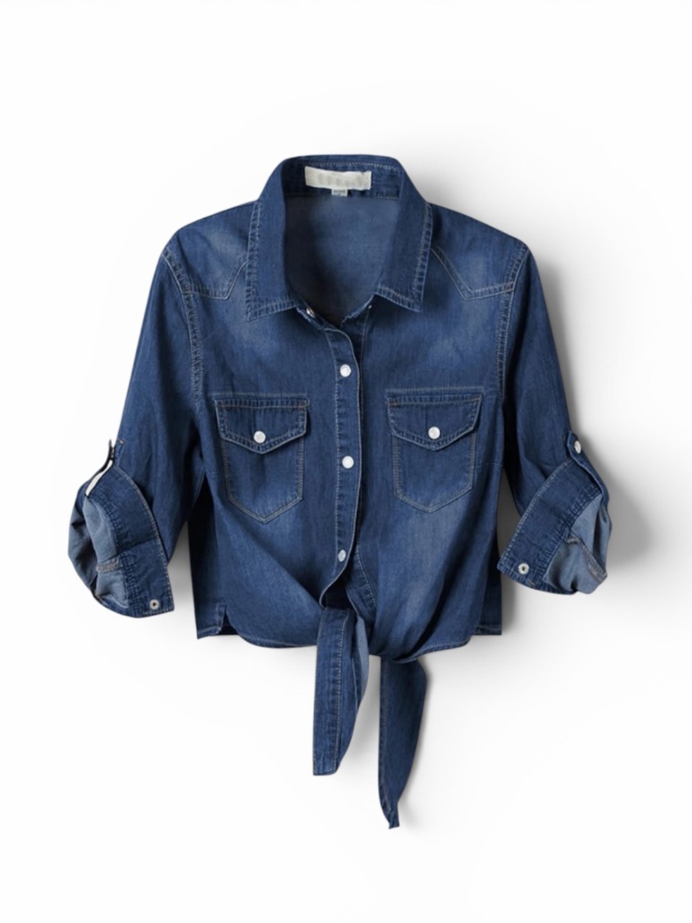 Women's 3/4 Sleeve Modern Denim Crop Top Tie Knot Shirt Cardigan - Size Medium - Picture 3 of 8